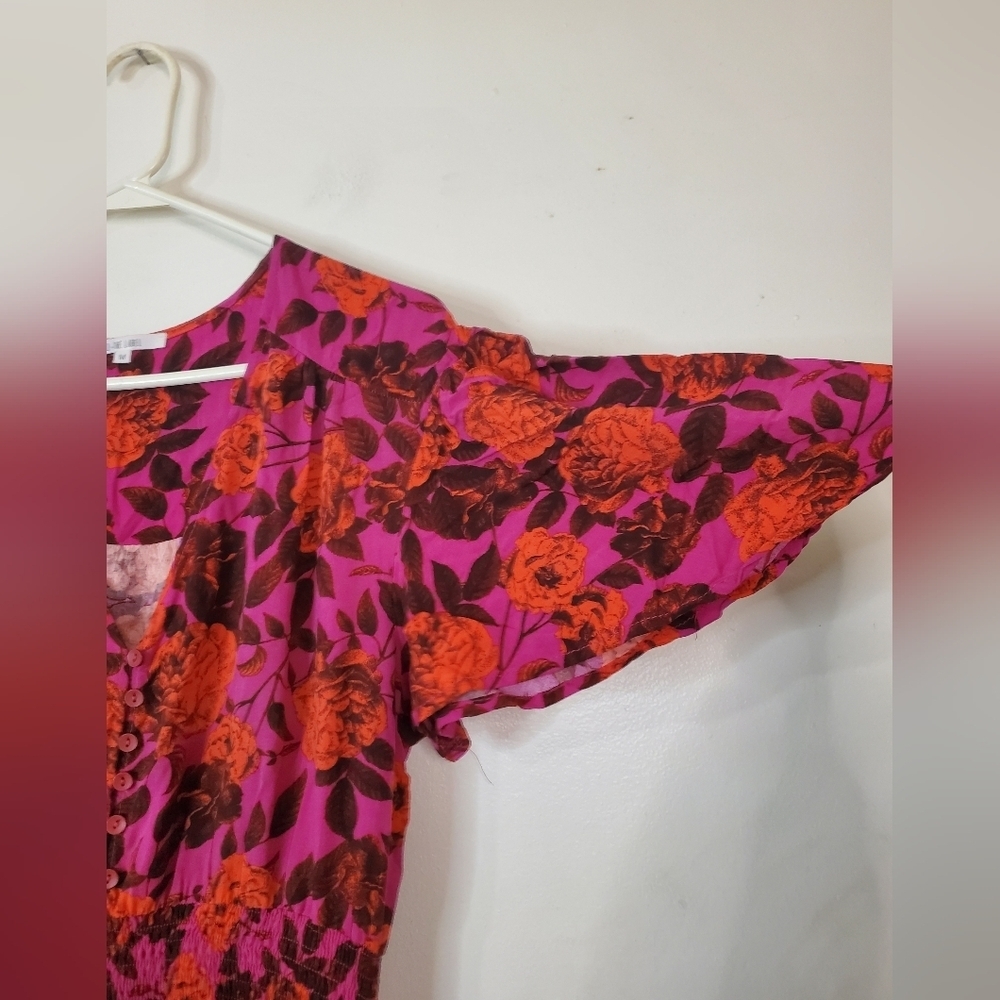 Abel The Label Purple Red Floral Midi Dress Size Medium High-Low Flutter Sleeves - Picture 3 of 12